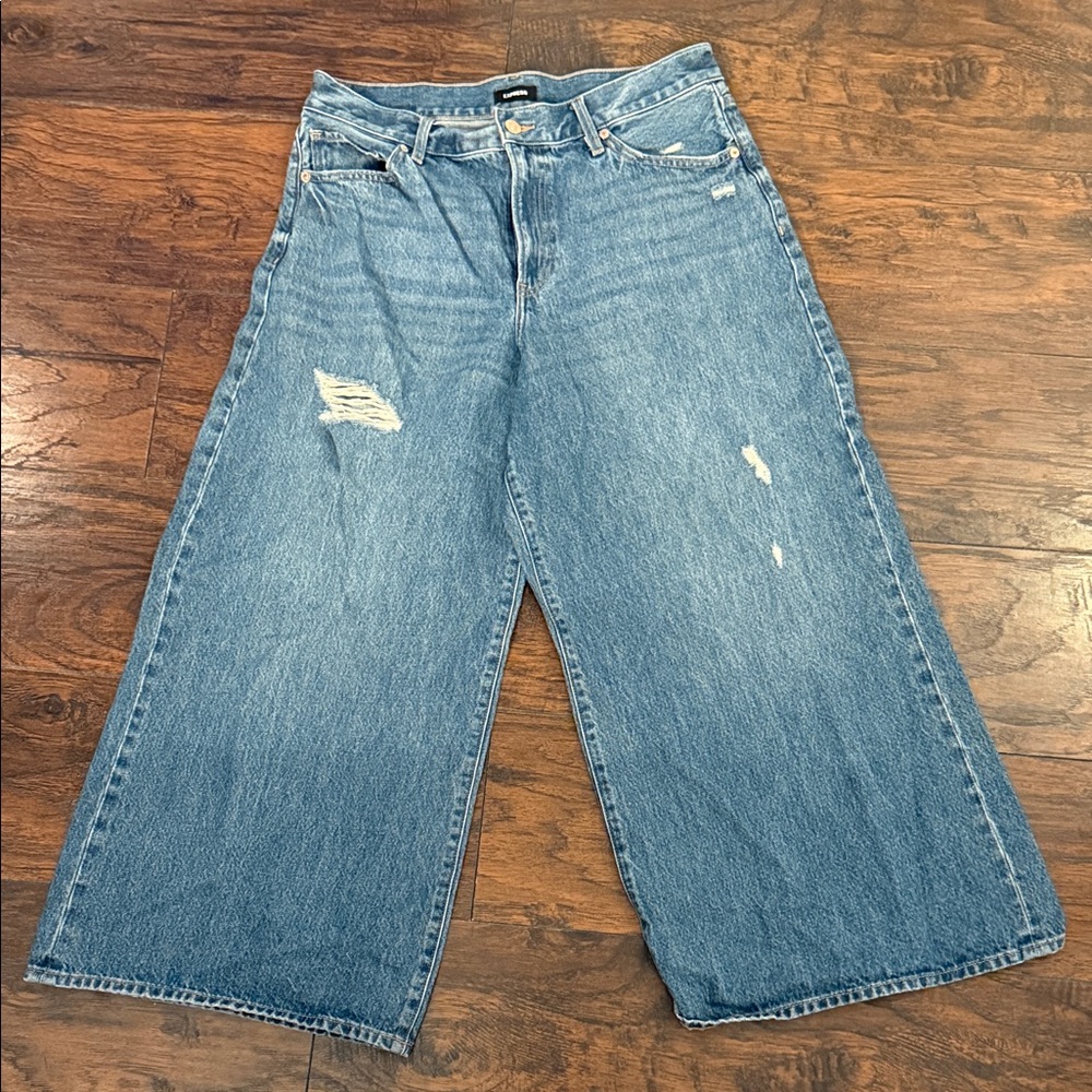 Ankle Wide Leg Distressed Blue Denim Jeans